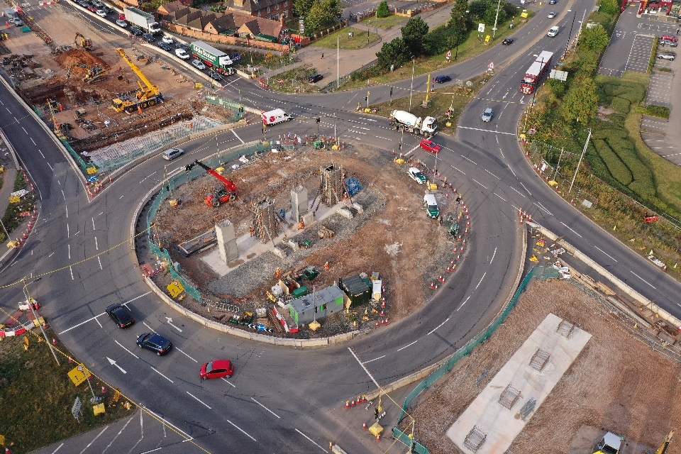 Aerial view of pier construction in live roundabout